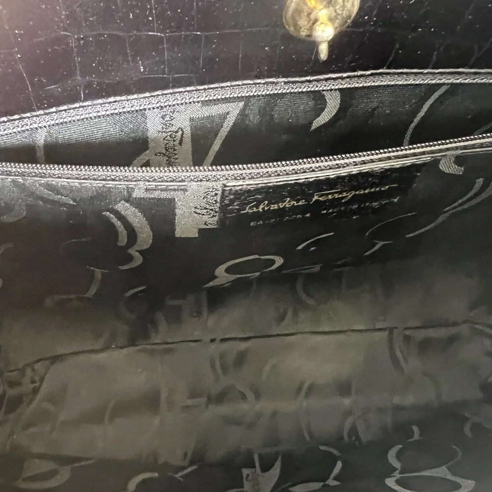 Salvatore Ferragamo Black Crocodile-Embossed Shoulder Bag